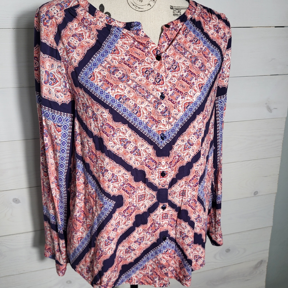 Lucky Brand Top Paisley Geometric Button Down Shirt BOHO Hippie Western.